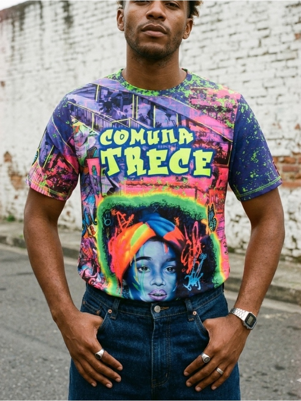 Medellín Comuna 13 T-Shirt Mens M All Over Print Neon Graffiti Colombia AOP